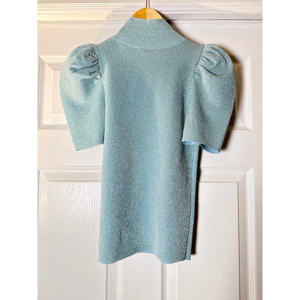 Alice + Olivia Knit Top Womens S Light Blue Metallic Mock Neck Puff Sleeve